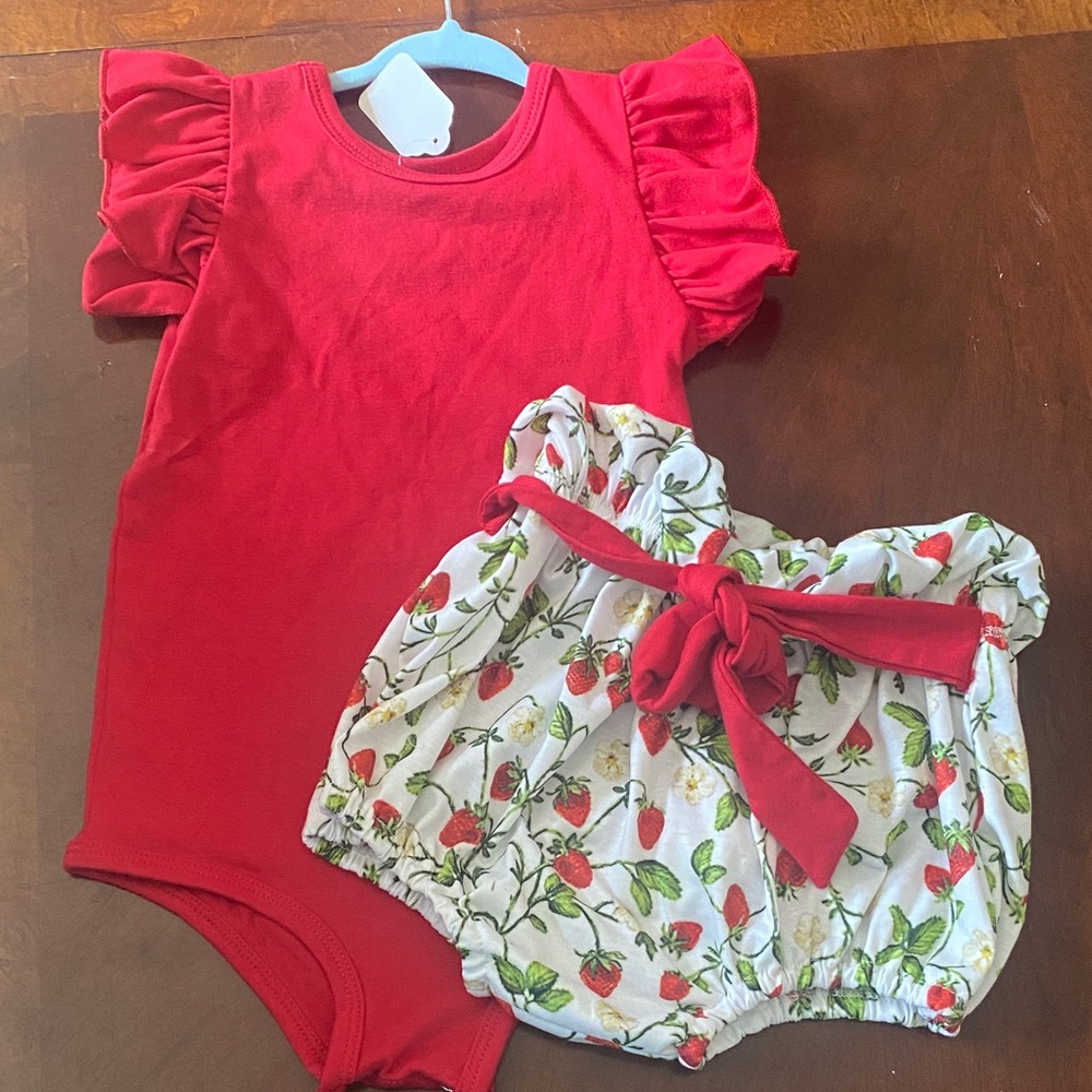 Charming Red Ruffle Bodysuit with Strawberry Print shorts